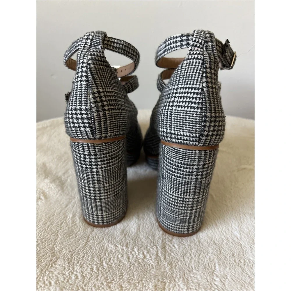 FREE PEOPLE Houndstooth Plaid Chunky Strappy Mary Jane Heels Shoes Size 37 Fall